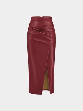 Commense Faux Leather Midi Skirt Maroon Red Mid Waist Slit NWT SIZE S